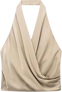 CORIRESHA Women's Elegant Satin Tie Back Cowl Neck Sleeveless Silk Backless Tank Top