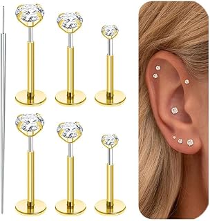 20G Threadless Flat Back Earrings Stud, 3 Pairs Gold Silver Hypoallergenic 316 Surgical Steel Tragus Labret Cartilage Conch Helix Piercing Jewellery Push in Flatback Nose Stud Earrings for Women Men
