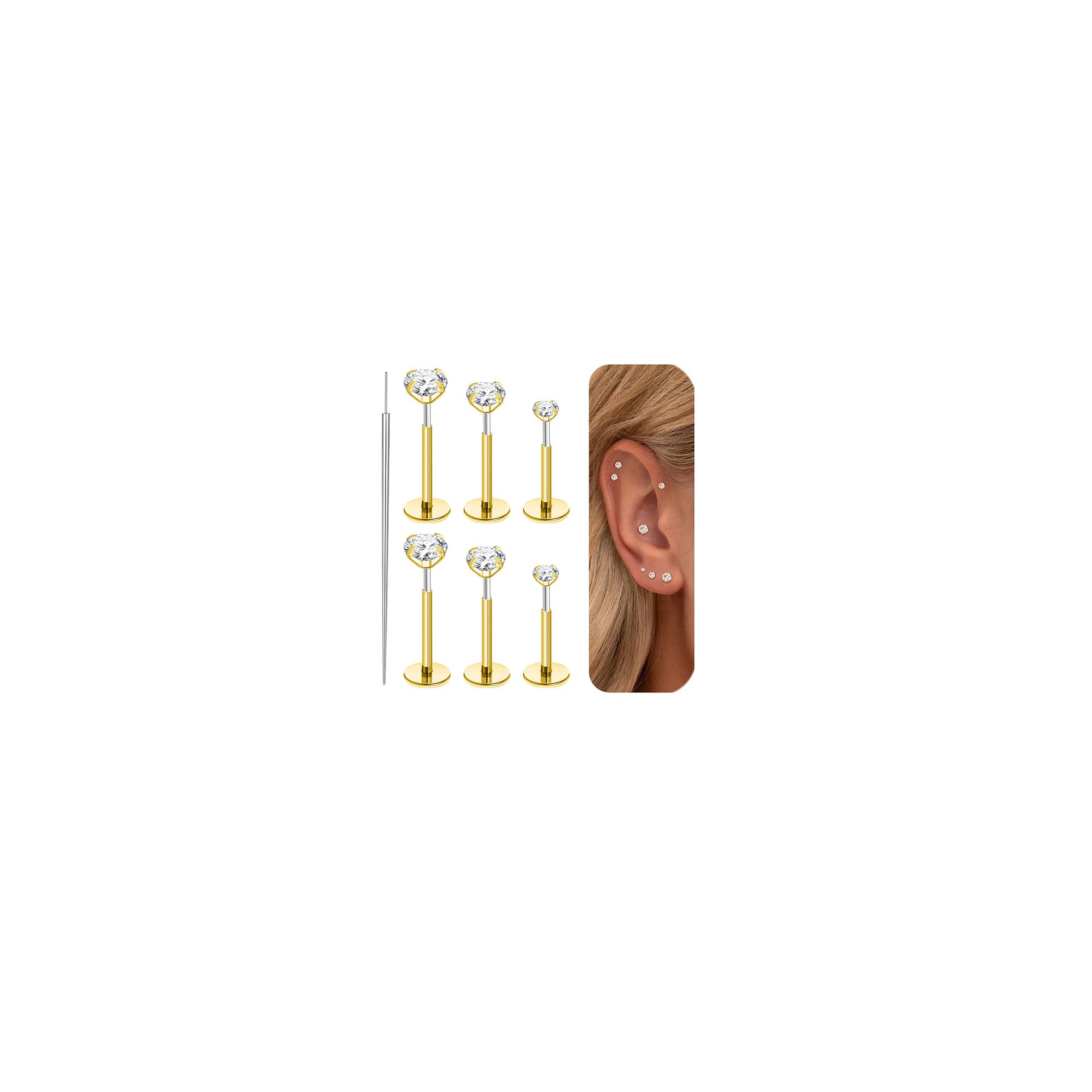 20G Threadless Flat Back Earrings Stud, 3 Pairs Gold Silver Hypoallergenic 316 S