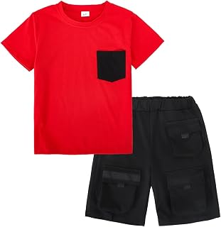 Azmxynol Tween Boys Clothes Daily Casual Short Sleeve Top + Cargo Shorts 2 Pieces Outfit Set, Size 6-14 Years