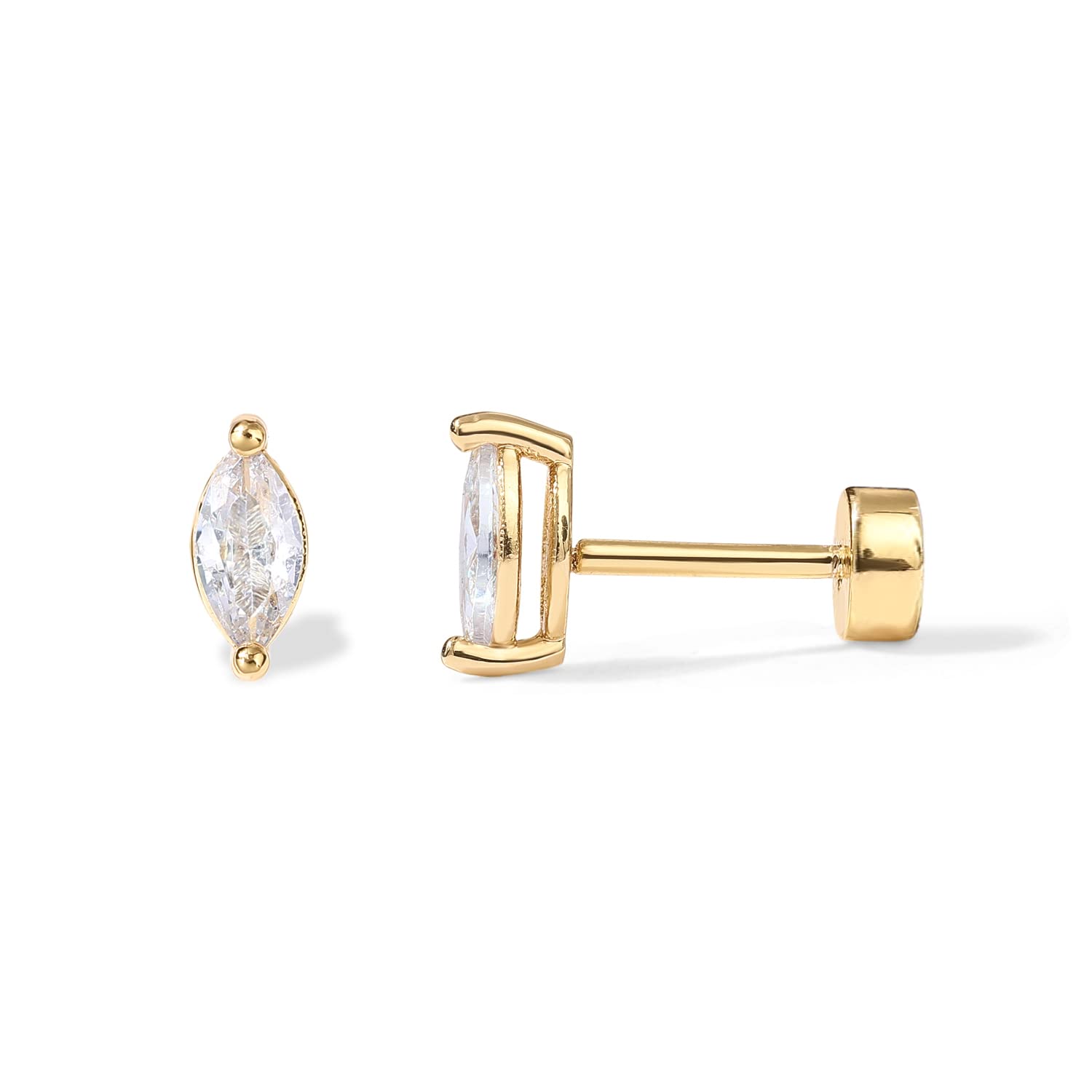 PAVOI Dainty Flat Back Earrings for Women, 14K Gold Plated CZ Stud Piercing