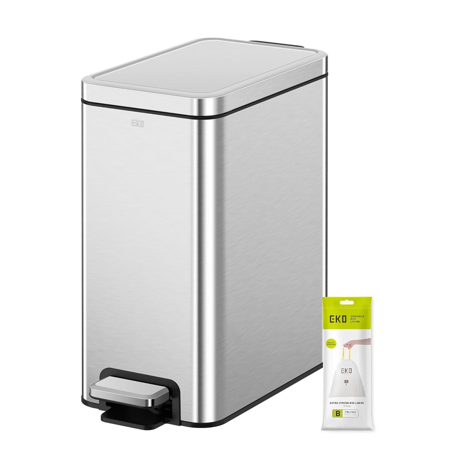 EKO Bathroom Pedal Bin with Lid, Soft Close, Stainless Steel, 10L