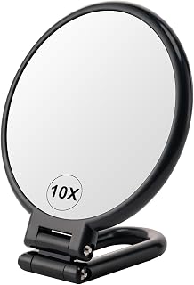 10X Magnifying Mirror, Double Side Handheld Mirror, Travel Makeup Mirror | 1X/10X Magnification, Adjustable Rotation Handle/Stand, Portable Foldable Hand Mirror, Travel Essential, Black