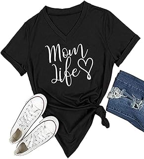 MIMOORN Women's Short Sleeve Letter Printed V Neck Tee Tops Casual T-Shirt