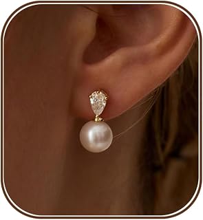 Pearl Earrings for Women, Dainty Wedding Bridal Earrings 14k Gold Plated CZ Pearl Drop Earrings for Women Trendy Hypoallergenic Unique Gold Drop Earrings Fashion Prom Jewelry