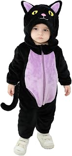 Qianderer Toddler Baby Black Cat Costume Hooded Jumpsuit Zipper Snowsuit | Infant Boy Girl Halloween Costumes Long Sleeve Romper with Long Tail Fuzzy Warm Winter Clothes 0-5T