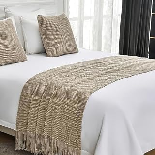 Cotton Knit Bed Runners King Size,Decorative Boho Scarf with Tassel,Soft Solid Color Woven Beds Throw Blanket for Bedroom Home Hotel (60x260cm/23.6 * 102in)