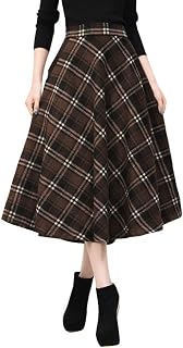 IDEALSANXUN Womens Plaid Wool Skirts Elastic Waist A-Line Pleated Tartan Long Skirts