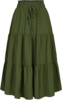 MSLG Women's High Elastic Waist Midi Skirt Casual Summer Trendy Tie Front Flowy Ruffle Floral Print A line Skirts 626