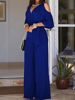 Ladies Elegant V Neck 3/4 Bell Sleeve Tie Belt Solid Color Loose Wide Leg Jumpsuit