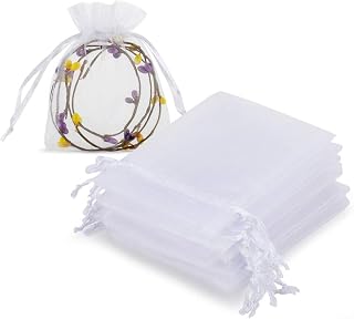 HRX Package 100pcs Organza Jewelry Bags 3x4 in Small Mesh Bags Drawstring | White Sheer for Visibility, Easy to Open and Close, for Earrings, Charms, Candy, Wedding Favors, Sachets, and Small Gifts