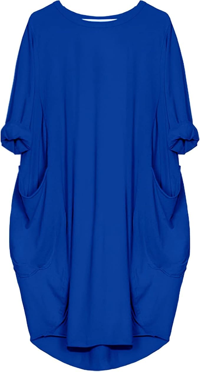 Women Crew Neck T Shirt Dress Loose Plain Casual Plus Size Midi Dress with Pocke