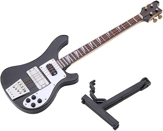 Glomora 20cm Black Miniature Bass Guitar Replica, 1:4 Scale Instrument Model Ornament for Music Lovers Gift, Home Decor Display with Stand and Case