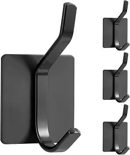 Brencco Self-Adhesive Hooks, 4 Pieces Wall Hooks, No Drilling, Stainless Steel, Adhesive Hooks, Black for Bathroom, Kitchen, Towel Hooks for Clothes, Keys, Towels up to 10 kg