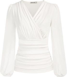 GRACE KARIN Donne Vintage Plissettato Camicie Maniche Lunghe Scollo a V Tinta Unita Top Slim Fit Plissé Top Tunica Estate Autunno Bluse Verde Chiaro L