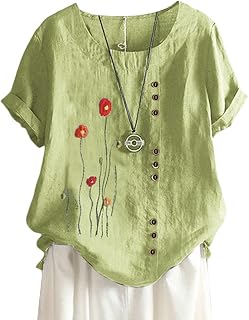 ORANDESIGNE Linen Shirt Short Sleeve Women Casual Vintage Tops Blouse T-Shirts Short Sleeve Crew Neck Tunic Tops Shirt Loose Plus Size T Shirt