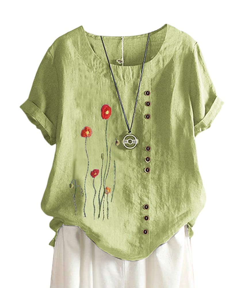 ORANDESIGNE Linen Shirt Short Sleeve Women Casual Vintage Tops Blouse T-Shirts S