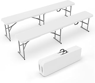 VINGLI 6 feet Folding Bench,Portable Outdoor Bench for Picnic Party Camping | Foldable Bench with Handle, Lightweight, HDPE Tabletop - BBQs, Sporting Events, and Temporary Seating (2, White, 6ft)