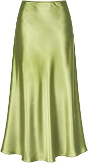 ALCEA ROSEA Womens Satin High Waisted Silky Midi Skirt Elastic A-line Skirt for Wedding Party Work