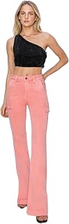 Risen Women's High Rise Side Slit Cargo Bootcut Jeans (US, Waist, 25, Regular, Flamingo)