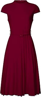 Hobemty Women's Pleated Dress Mock Neck Cap Sleeve Belted A-Line Dresses
