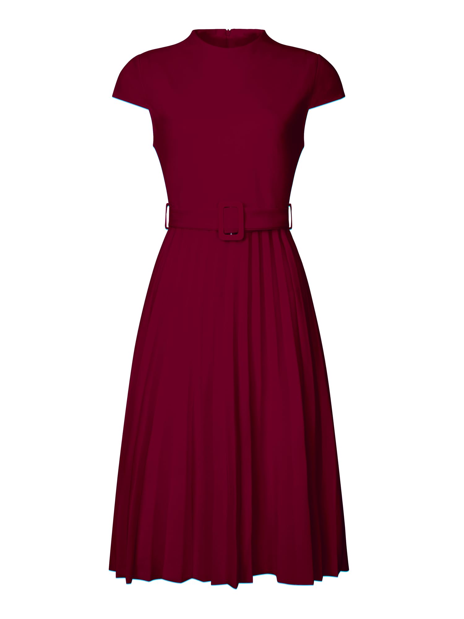 Hobemty Women's Pleated Dress Mock Neck Cap Sleeve Belted A-Line Dresses