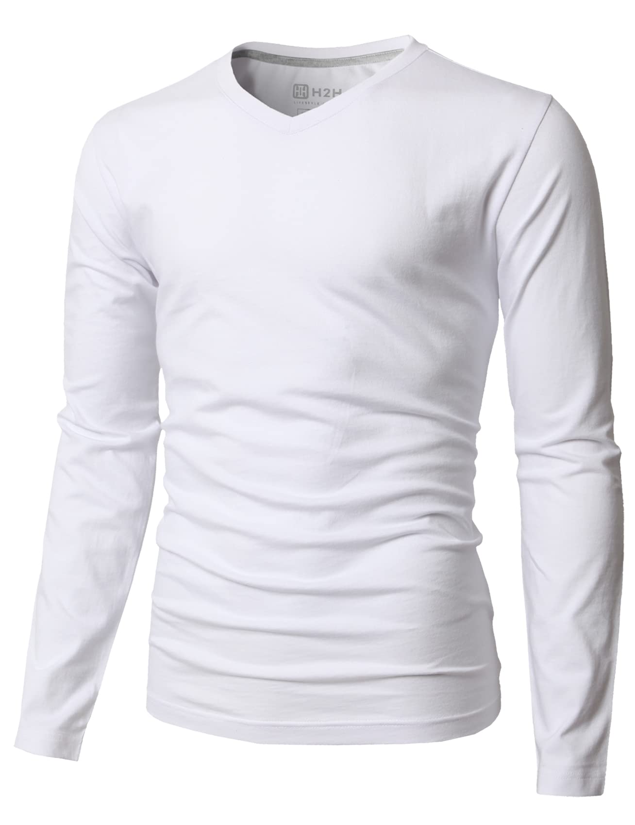 H2H Mens Casual Slim Fit Long Sleeve T-Shirts Soft Lightweight V-Neck/Crew-Neck 