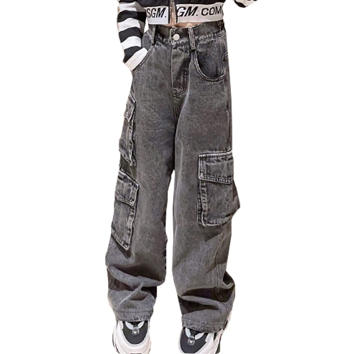 Girls Baggy Jeans Y2K Wide Leg Casual Ripped Cargo Jeans for Kid Teens Size 5-14