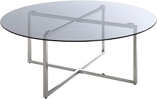 HAKU Coffee Table Stainless Steel, Grey, Stainless Steel, Safety Glass 8 mm – Dim. H 45 cm x Ø 100 cm, Art Deco Style