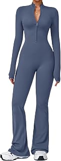 Ecupper Women's Sports Jumpsuits Long Sleeve Jumpsuit One Piece Jumpsuits Overalls Flare Romper with Zipper