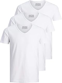 Jack and Jones Men's Basic V-Neck T-Shirt, Pack of 3, Plain, Slim Fit, White, Black, Blue, Grey