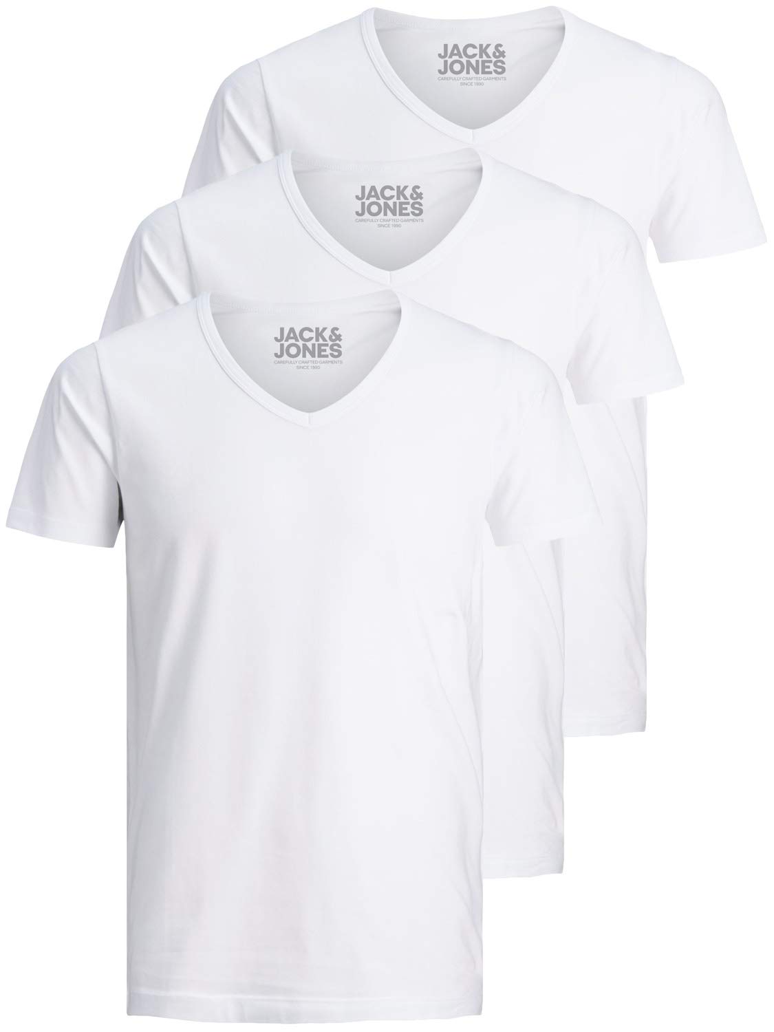 Jack and Jones Men's Basic V-Neck T-Shirt, Pack of 3, Plain, Slim Fit, White, Bl