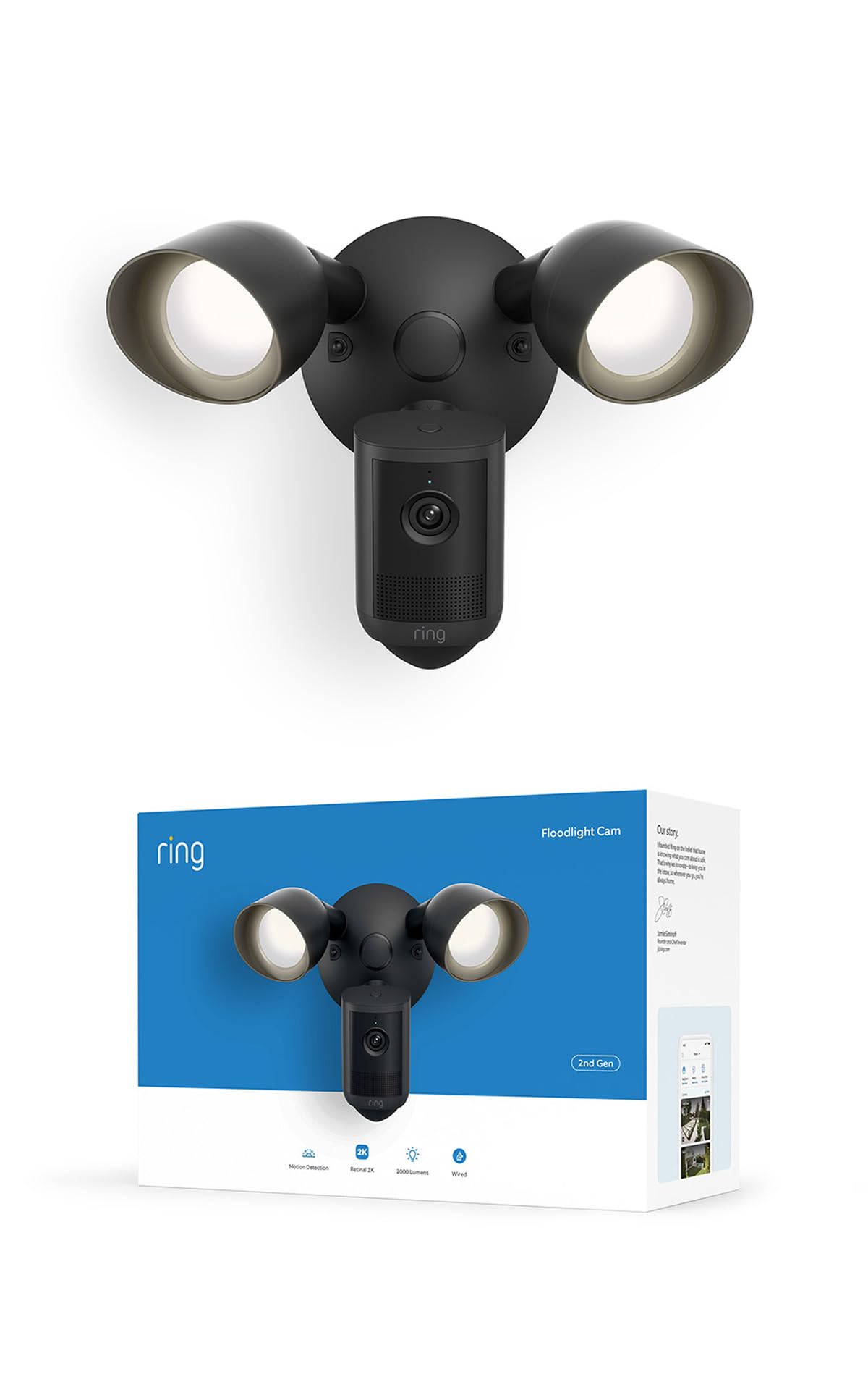 Ring Floodlight Cam, Wired (newest gen), Wide-Angle Retinal 2K Video, 6x Enhance