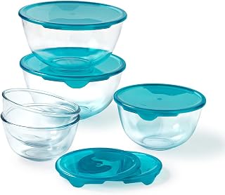 Pyrex® Set of 5 Durable Glass Salad Bowls with Lids (0.5L - 1L - 2L) BPA Free | Made in France, Dishwasher Safe, Microwave and Oven Safe (2 x 0.5L + 1 x 1L +