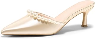 Coutgo Zapatos de tacón de gatito con perlas para mujer, punta cerrada, sin cordones, de satén, para boda, novia