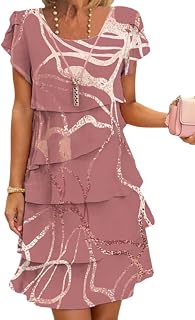 Onsoyours Women Summer Chiffon Dress Round Neck Elegant Evening Dresses Flowers Print Short Sleeve Ruffles Lightweight And Breathable Mini Dress Casual Cocktail