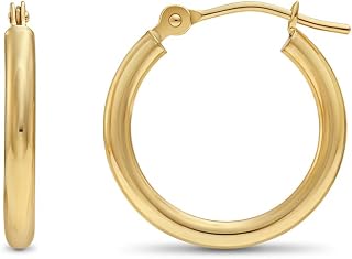 14k Yellow Gold Classic Shiny Polished Round Hoop Earrings, 2mm tube, Yellow Gold, No Gemstone