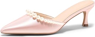 Coutgo Sandali da donna con tacco a gattino perlato, punta chiusa, senza lacci, in raso, per abito da sposa