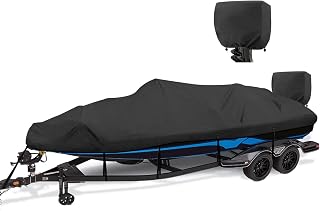YimSting Boat Cover 16-18.5 ft, 1200D Waterproof V-Hull, Black | Fits 16 foot 17ft 18 ft Bass Tracker Boat, Heavy Duty, UV & Tear-Resistant, Air Vents, 11 Straps & Motor Cover