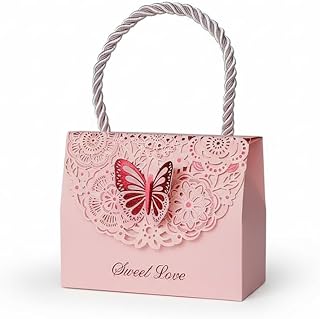 Gift Packaging Box with Handle Portable Box Paper Box Cutout Butterfly Candy Box Creative Chocolate Party(S,Pink)