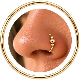 14K Gold Filled Nose Ring – Thin 24G Nose Hoop, 7mm Small Nose Piercing Ring with 2mm Gold Bead, Handmade Gold Nose Jewelry for Women