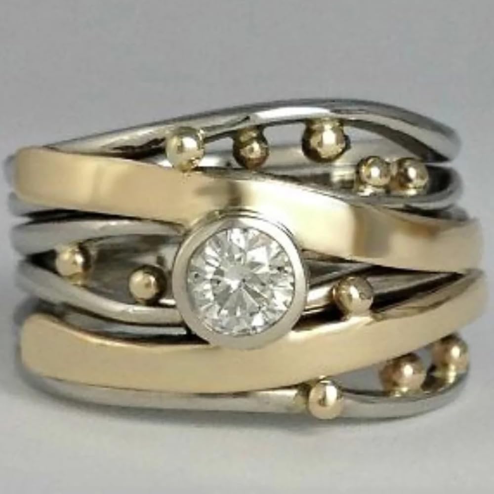 Two-Tone Ring for Women Bezel-Set CZ Multi-Band Fashion Statement Ring