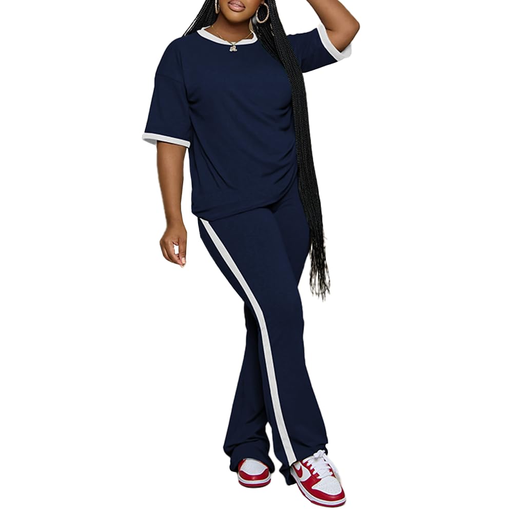 PINSV Women Sets 2 Piece Outfits Comfy Short Sleeve Top and Pants Lounge Sets Tr