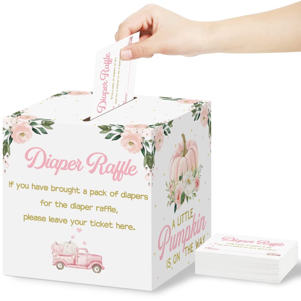 Diaper Raffle Card Box with 50 Pcs Pumpkin Diaper Raffle Tickets, Autumn Floral 