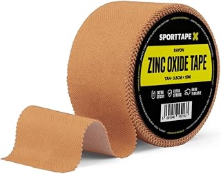 SPORTTAPE Tan Zinc Oxide Tape 3.8cm x 10m - Rigid Rayon Athletic Tape | Rayon Athletic Tape for Blister Prevention, Ankle & Joint Support - Strong Adhesive Strapping for Rugby, Football, Physio