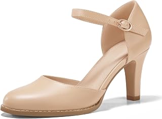 Coutgo Zapatos de tacón alto grueso para mujer, con puntera cerrada, correa al tobillo, estilo vintage D'Orsay