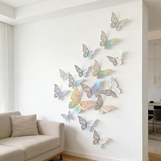 12 Pieces Aesthetic Room Decor, 3 Sizes Iridescent Silver Butterfly, Removable 3D Butterfly Wall Stickers for Bedroom, Party and Birthday and Wedding Decorations