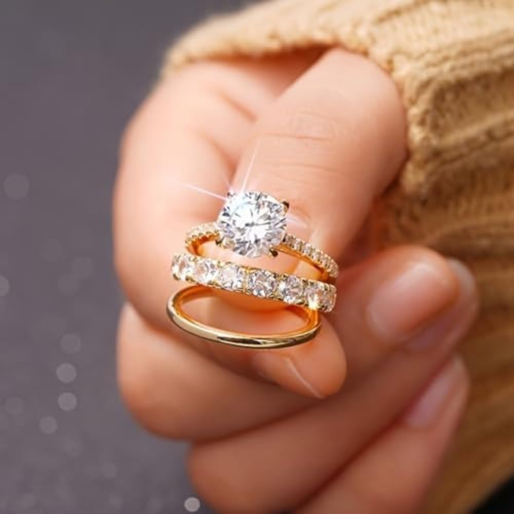 Elegant Stackable Rings Set of 3 Gold Plated Cubic Zirconia Engagement Rings Wed