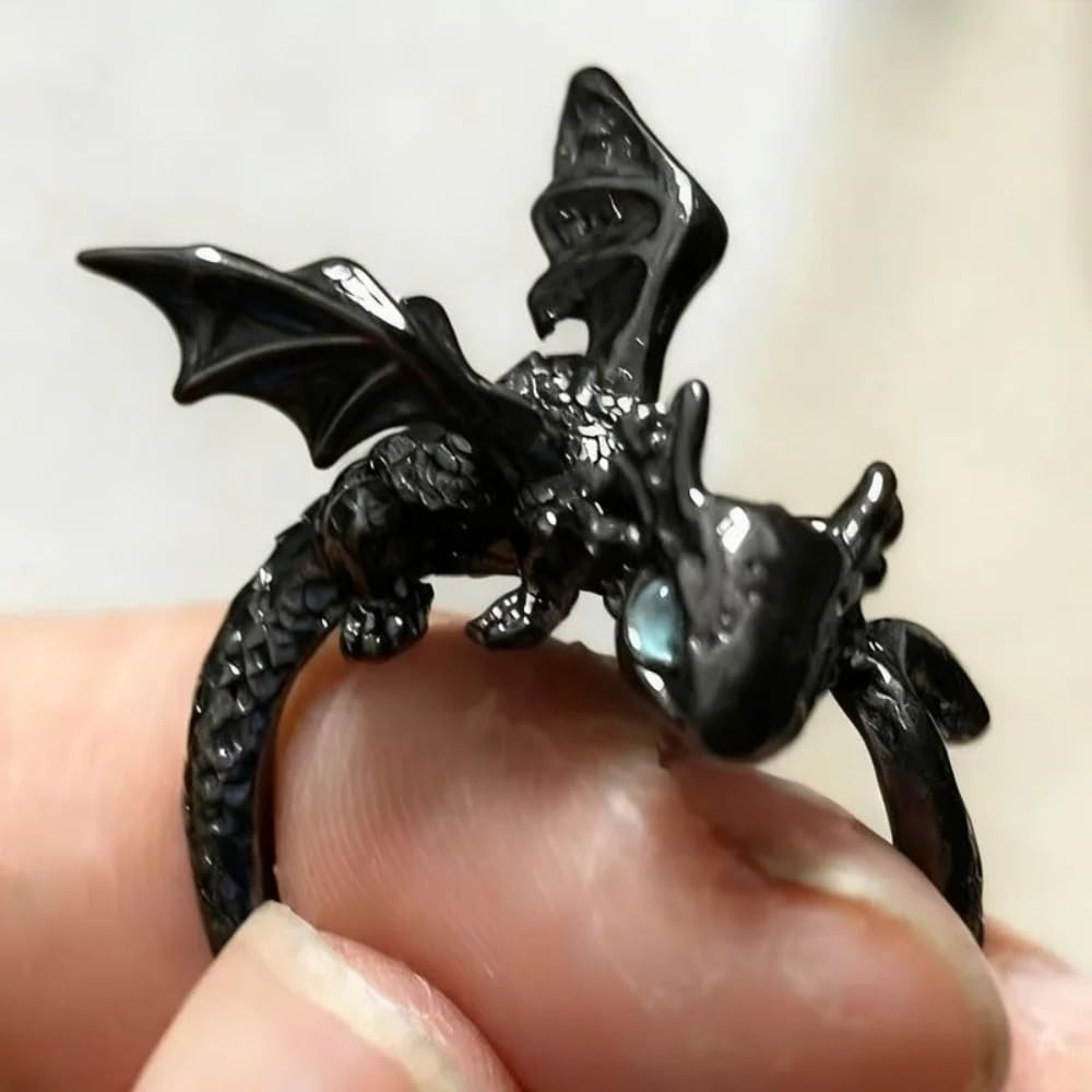 Retro Evil Dragon Adjustable Rings Black Silver Metal Flying Dragon Animal Shape