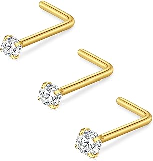 D.Bella 16G 18G 20G L Shaped Nose Studs Surgical Steel 1.5mm 2mm 2.5mm 3mm Colorful Diamond CZ Nose Rings Studs Nose Rings for Women Nose Nostril Piercing Jewerly Silver Gold Rose Gold Black